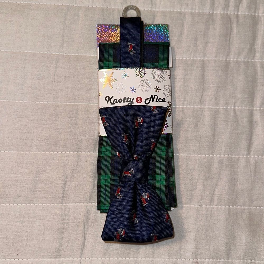 Knotty & Nice Navy Green Gray Red White Christmas Doggy Bow Tie & Pocket Square